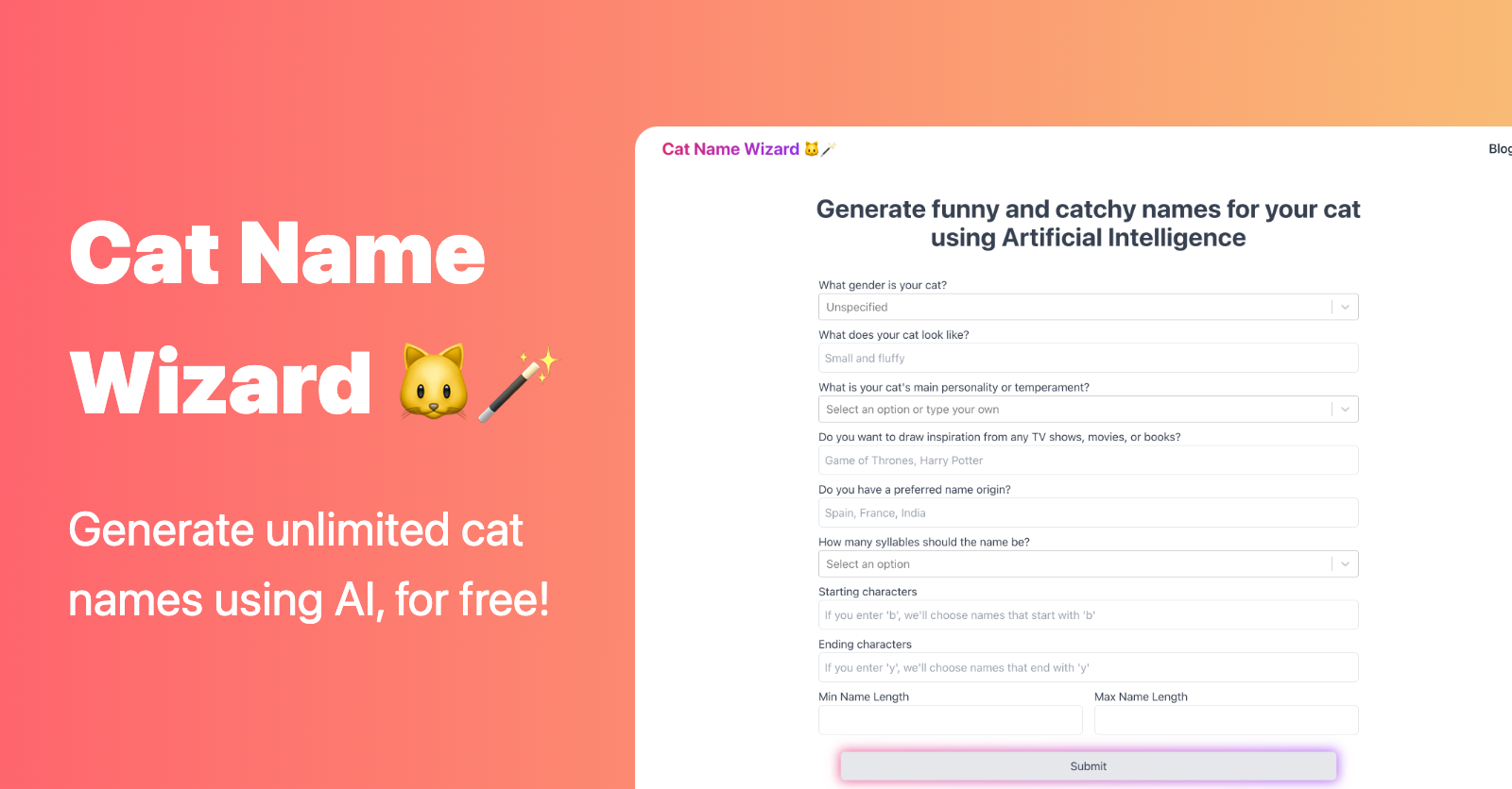 Cat Name Wizard - Generate cat names for free using AI